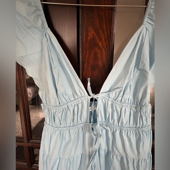 Storia Blue Sundress with Plunge Neckline and Flutter Sleeves - Picture 2 of 6